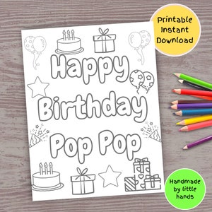 Pagina da colorare stampabile di buon compleanno Pop Pop per bambini in età prescolare, attività da colorare, simpatico regalo di carta fatto a mano dal nipote
