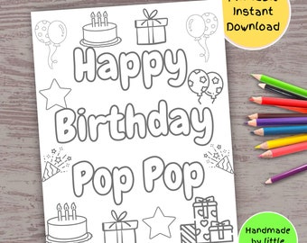 Happy Birthday Pop Pop printable coloring page for children toddler preschool kids colouring activity, Cute handmade card gift from grandkid