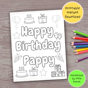 Happy Birthday Pappy printable coloring page for children, toddler preschool kids art activity, cute handmade card gift from grandchildren