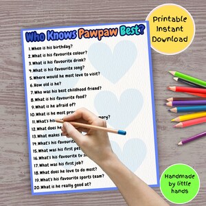 Who Knows Pawpaw Best printable party game for Pawpaw&#39;s 60th 70th birthday party, retirement, fathers day gift idea, funny quiz questions