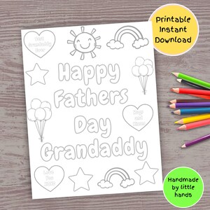 Scheda da colorare stampabile "Auguri per la festa del papà" per bambini piccoli e in età prescolare, simpatico biglietto fatto a mano per la festa del papà, regalo dai nipoti.