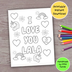 Te amo Lala, página para colorear imprimible para niños, actividad artística de unicornio arcoíris, tarjeta de cumpleaños hecha a mano, regalo para el día de la madre para niños pequeños