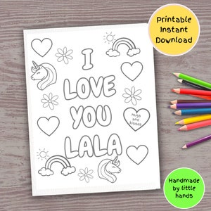 I love you Lala printable coloring page for kids Rainbow unicorn art activity diy handmade birthday card mothers day gift from toddler