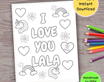 I love you Lala printable coloring page for kids Rainbow unicorn art activity diy handmade birthday card mothers day gift from toddler