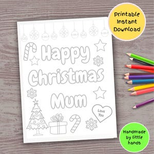 Hoja para colorear imprimible de Feliz Navidad, mamá, actividad de manualidades para niños, tarjeta navideña fácil de hacer a mano, regalo de hijo pequeño, hija, bebé y niño pequeño