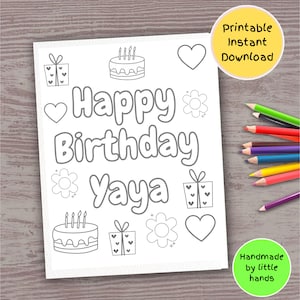 Página para colorir imprimível de Feliz Aniversário Yaya para crianças, cartão de aniversário feito à mão, presente fofo de netos, netos, netas