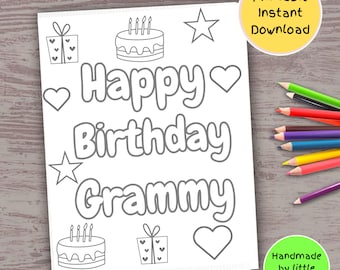 Pagina da colorare stampabile per il compleanno della nonna per bambini, biglietto di auguri di compleanno fai da te fatto a mano, regalo per la nonna da bambini, nipoti, nipoti, nipoti.