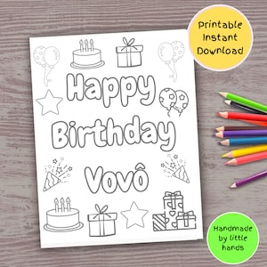 Happy Birthday Vovô Ausmalseite zum Ausdrucken für Kinder, Ausmalbilder, Karte zum Ausdrucken