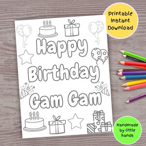 Puede incluir: Página para colorear imprimible con el texto "Happy Birthday Gam Gam" rodeado de ilustraciones de temática de cumpleaños como estrellas, globos, regalos y pasteles.