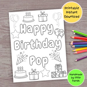 Pagina da colorare stampabile di buon compleanno pop per bambini, simpatico biglietto di auguri di compleanno fai da te fatto a mano e facile da regalare ai nipoti, nipoti e nipoti