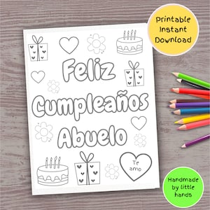 Feliz cumpleaños Abuelo Coloriage imprimable pour enfants, activité artistique espagnole bricolage, cadeau carte d'anniversaire fait main de petit-fils petite-fille