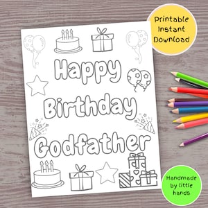 Feliz cumpleaños Padrino página para colorear imprimible para niños hoja para colorear, lindo regalo de tarjeta de cumpleaños hecho a mano de la ahijada del niño pequeño