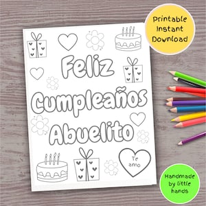Feliz cumpleaños Abuelito página para colorir para crianças, atividade de arte espanhola, cartão de aniversário feito à mão, presente do neto, neta
