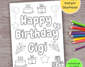 Gigi birthday printable coloring page for kids, Cute easy handmade diy birthday bday card to make, gift from grandkid grandson granddaughter