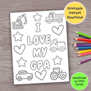 J'aime ma page de coloriage imprimable Gpa pour les enfants, activité d'artisanat d'art voiture camion tracteur pelle, cadeau de fête des pères carte d'anniversaire fait main bricolage