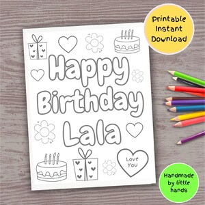 Página para colorir de Feliz Aniversário Lala para crianças, folha para colorir, atividade de arte artesanal, cartão feito à mão, presente do neto, neta