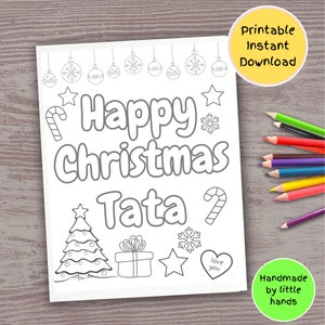 Feuille de coloriage imprimable Joyeux Noël Tata pour activités d'artisanat d'art pour enfants, cadeau de carte de Noël bricolage fait main d'un petit-fils en bas âge, petite-fille