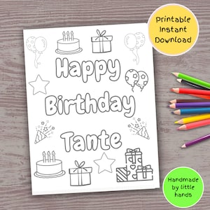 Joyeux anniversaire tante à colorier pour les enfants, jolie carte d'anniversaire faite à la main, cadeau d'anniversaire bricolage facile d'une nièce neveu d'âge préscolaire