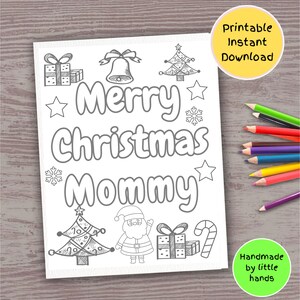 Feliz Navidad, mamá, página para colorear imprimible para descargar para niños, actividad de arte y manualidades, tarjeta de Navidad hecha a mano, regalo de un niño pequeño, hijo e hija