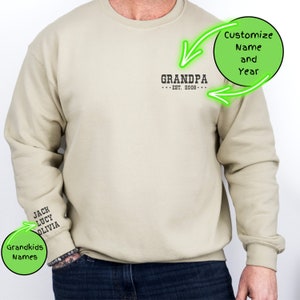Personalized Grandpa Sweatshirt with grandkids names on sleeve, Custom father&#39;s day birthday Christmas gift for Grandad Grandaddy Papa Pops