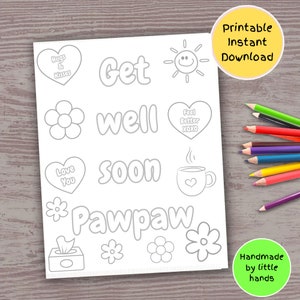 Pagina da colorare stampabile "Guarisci presto Pawpaw" per bambini, biglietto fatto a mano per sentirsi meglio da nipote nipote, regalo carino e premuroso da realizzare