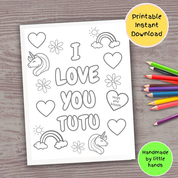 I love you Tutu Coloring sheet for kids art craft activity mothers day diy handmade birthday card gift from toddler grandson granddaughter
