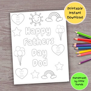 Könnte beinhalten: Eine druckbare Malvorlage mit dem Text "Happy Fathers Day Dod" umgeben von Herzen, Sternen, Ballons, Regenbögen und Sonnen. Der Text "Handmade by little hands" befindet sich am unteren Rand der Seite.