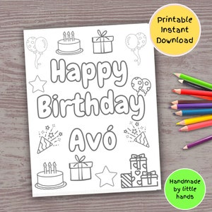 Avó Geburtstag druckbare Malseite für Kinder, Süße handgemachte Geburtstagskarte für Avo, Geschenk von Kinder, Enkel, Enkel, Geburtstag