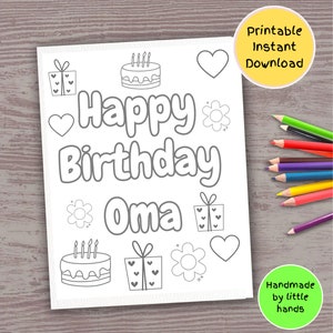 Página para colorir de Feliz Aniversário Oma para crianças, atividade de arte artesanal, cartão de aniversário feito à mão, presente de neto, neta, netos