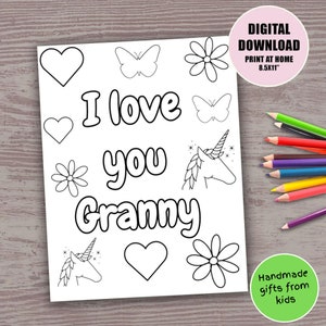 Coloriage grand-mère à colorier pour les enfants, adorable licorne papillon faite main à faire main, carte d'anniversaire grand-mère à faire soi-même pour la fête des mères, carte cadeau fête des grands-parents