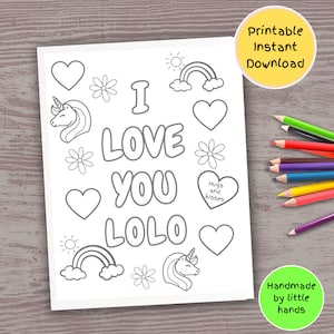 Te amo Lolo Hoja para colorear para niños Actividad de arte y manualidades Día del padre Día de los abuelos Tarjeta de bricolaje hecha a mano Regalo de nieto nieta