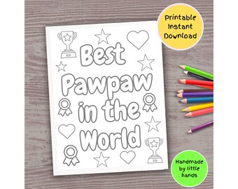 Puede incluir: Página para colorear imprimible con el texto "Best Pawpaw in the World" rodeado de estrellas, corazones y trofeos. La página está diseñada para colorear e incluye el texto "Handmade by little hands".