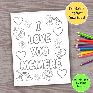 Je t'aime Memere, coloriage à imprimer pour les enfants, activité artistique licorne arc-en-ciel, bricolage fait main, carte d'anniversaire pour la fête des mères, cadeau pour la fête des grands-parents