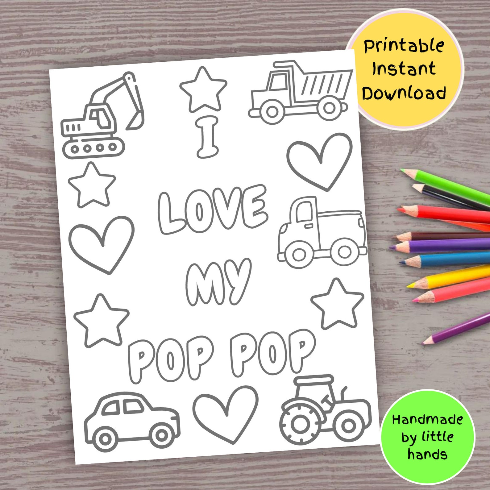 I Love My Pop Pop Coloring Page: Vehicle Art Activity (digital Download ...