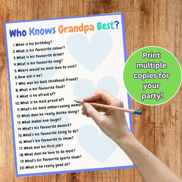 Who Knows Grandpa Best Printable party game for Grandpas 50th 60th 70th 80th birthday retirement Grandpa fathers day party game printable