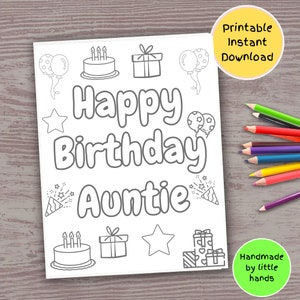 Feliz cumpleaños tía, página para colorear imprimible para niños, linda actividad de manualidades, tarjeta de cumpleaños hecha a mano, regalo de cumpleaños para niños, sobrino y sobrina