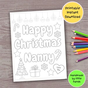Feuille de coloriage imprimable bonne nounou joyeux Noël, activité d'artisanat d'art pour enfants, cadeau de carte de Noël fait main du petit-fils de la petite-fille
