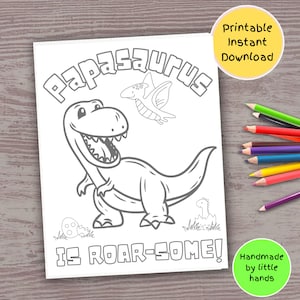 Papa Dinosaur Coloring Page, printable colouring art craft activity for kids toddlers preschoolers, handmade birthday card fathers day gift