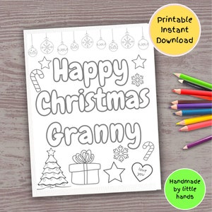 Feuille de coloriage imprimable Joyeux Noël grand-mère pour enfants, activité d'artisanat d'art, cadeau de carte de Noël bricolage fait main de la petite-fille de petit-fils en bas âge
