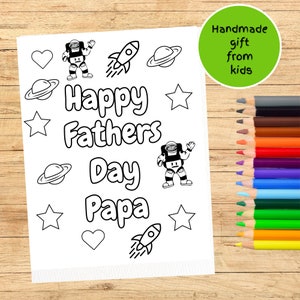 Papa Fathers Day printable coloring page for kids Space rocket astronaut colouring sheet Handmade card gift from grandson granddaughter