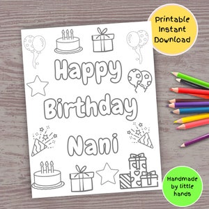 Happy Birthday Nani Ausmalseite zum ausdrucken, ausmalen und ausmalen für Kinder oder Erwachsene