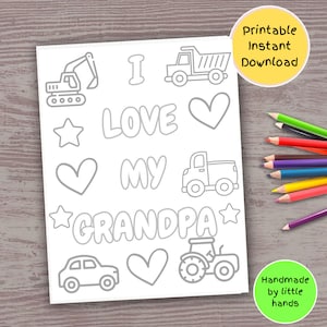 J'aime mon grand-père page de coloriage imprimable pour les enfants, activité d'artisanat d'art voiture camion tracteur pelle, cadeau de fête des pères carte d'anniversaire fait main bricolage