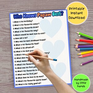 Who Knows Papaw Best printable party game for Papaw&#39;s 60th 70th 80th birthday party, retirement, fathers day gift idea, funny quiz questions