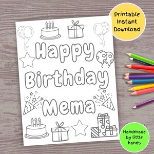 Joyeux anniversaire Mema Coloriage imprimable pour enfants, carte d'anniversaire bricolage faite main, cadeau de petits-enfants, petit-fils et petite-fille