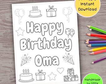 Op de afbeelding: Printbare kleurplaat met de tekst "Happy Birthday Oma" en verschillende verjaardagsillustraties, waaronder een taart, cadeaus, ballonnen en sterren. De kleurplaat is bedoeld om door kinderen in te kleuren.