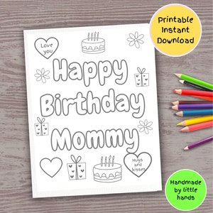 Página para colorir de feliz aniversário, mamãe, para crianças, folha para colorir, atividade de arte artesanal, cartão feito à mão, presente de filho de filha