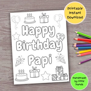 Feliz cumpleaños Papi, página para colorear imprimible para niños, linda tarjeta de cumpleaños hecha a mano, regalo de cumpleaños fácil de hacer por parte de los nietos, nietos y nietas