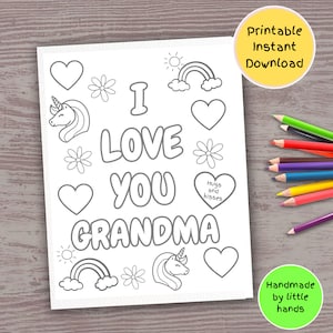 Je t'aime, grand-mère, coloriage imprimable pour enfants, activité artistique licorne arc-en-ciel, bricolage fait main, carte d'anniversaire pour les mères, cadeau de fête des grands-parents
