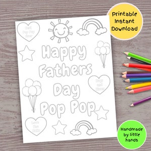Feliz Día del Padre Pop Pop Hoja para colorear imprimible para niños pequeños preescolares, Linda tarjeta del día del padre hecha a mano, regalo de nietos