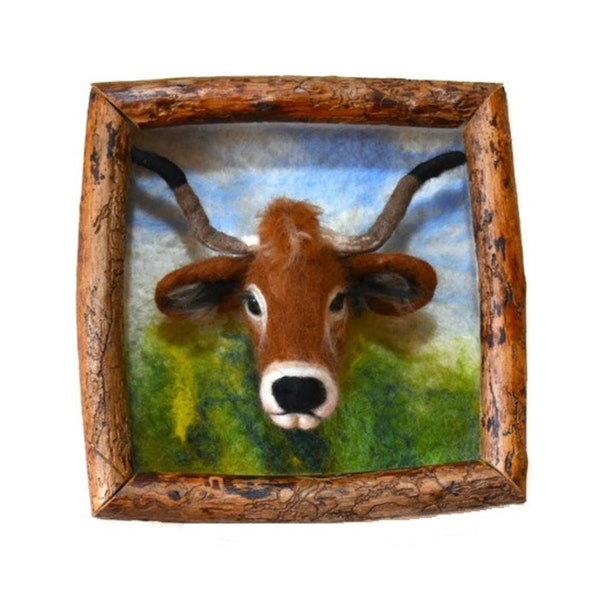 Tableau vache laine feutrée 3D Décoration murale Cadeau original unique Portrait Vache Aubrac Peinture vache laine mérinos tridimensionnelle
